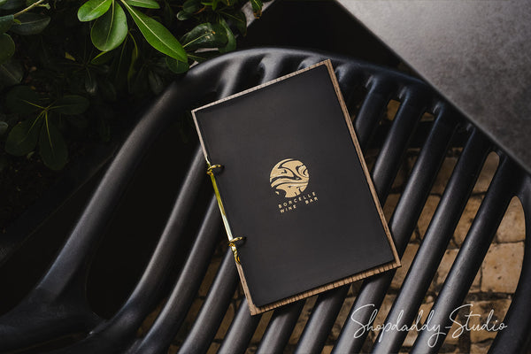 Walnut Menu Holder with Black Leather Cover and Rings Mechanism for Wine Lists