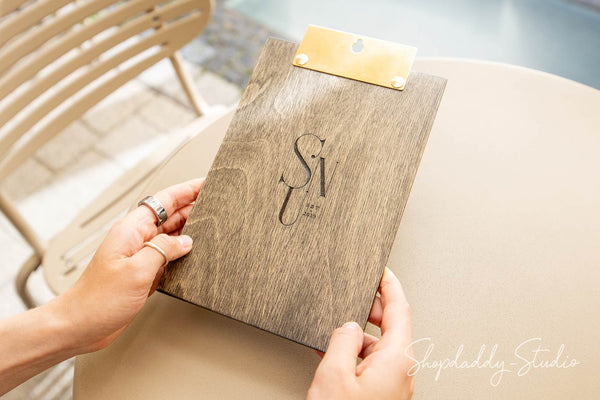 Walnut Menu Holder with Brass Wall Mount with logo