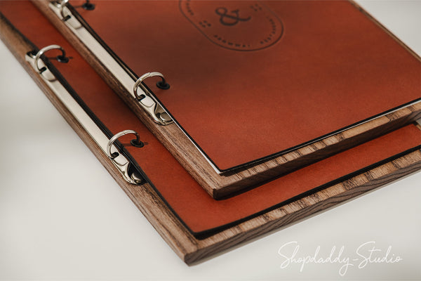 Walnut Menu Holder with Leather Cover and Rings Mechanism in details 3