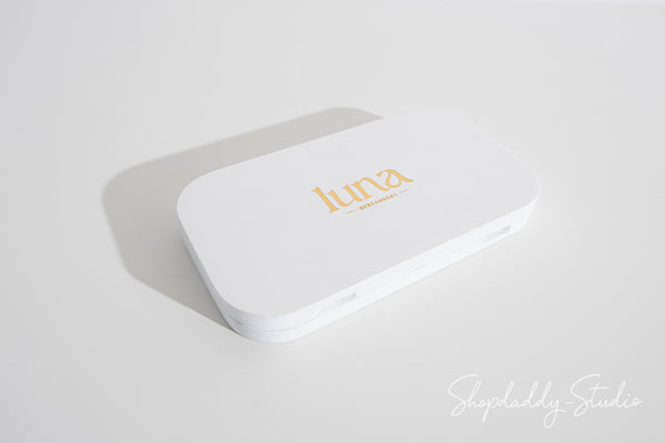 White Oval Wood Check Box With Magnets with gold logo
