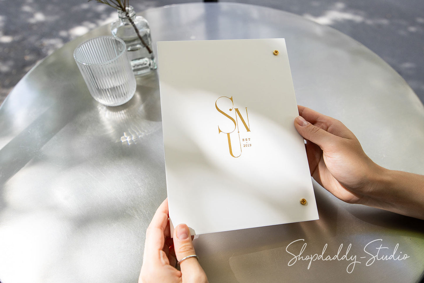 White Plywood Menu Holder with Vertical Plank on Screws for food menu