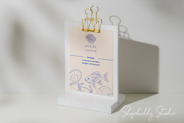 White Straight Wooden Table Display Stand With Golden Binder for restaurant
