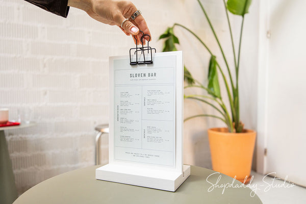 White Straight Wooden Table Stand With Black Binder for Cafes and Bars