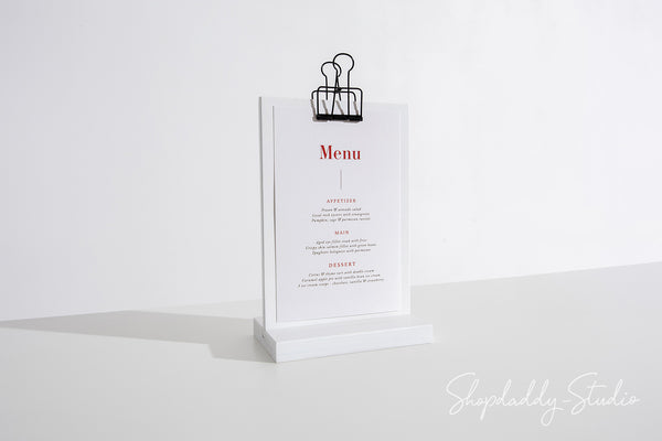 White Straight Wooden Table Stand With Black Binder for Tabletop Menus