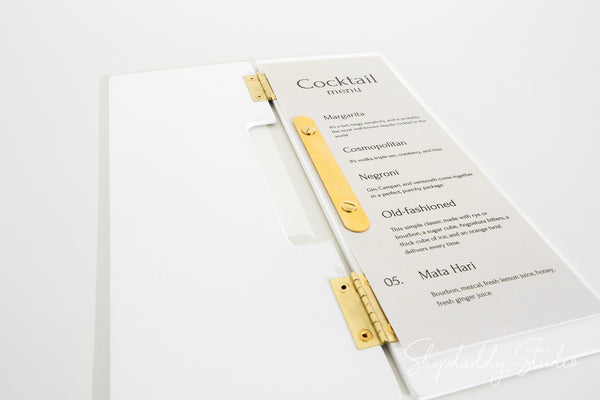 White Wooden Album / Menu Holder with Brass Plank in detail