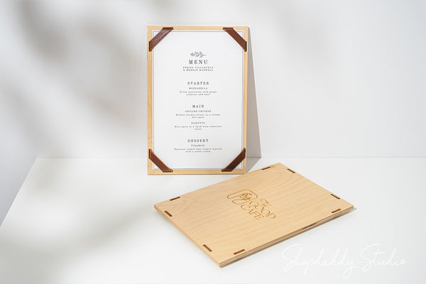 Wood Menu Board with Leather Corners for wine list