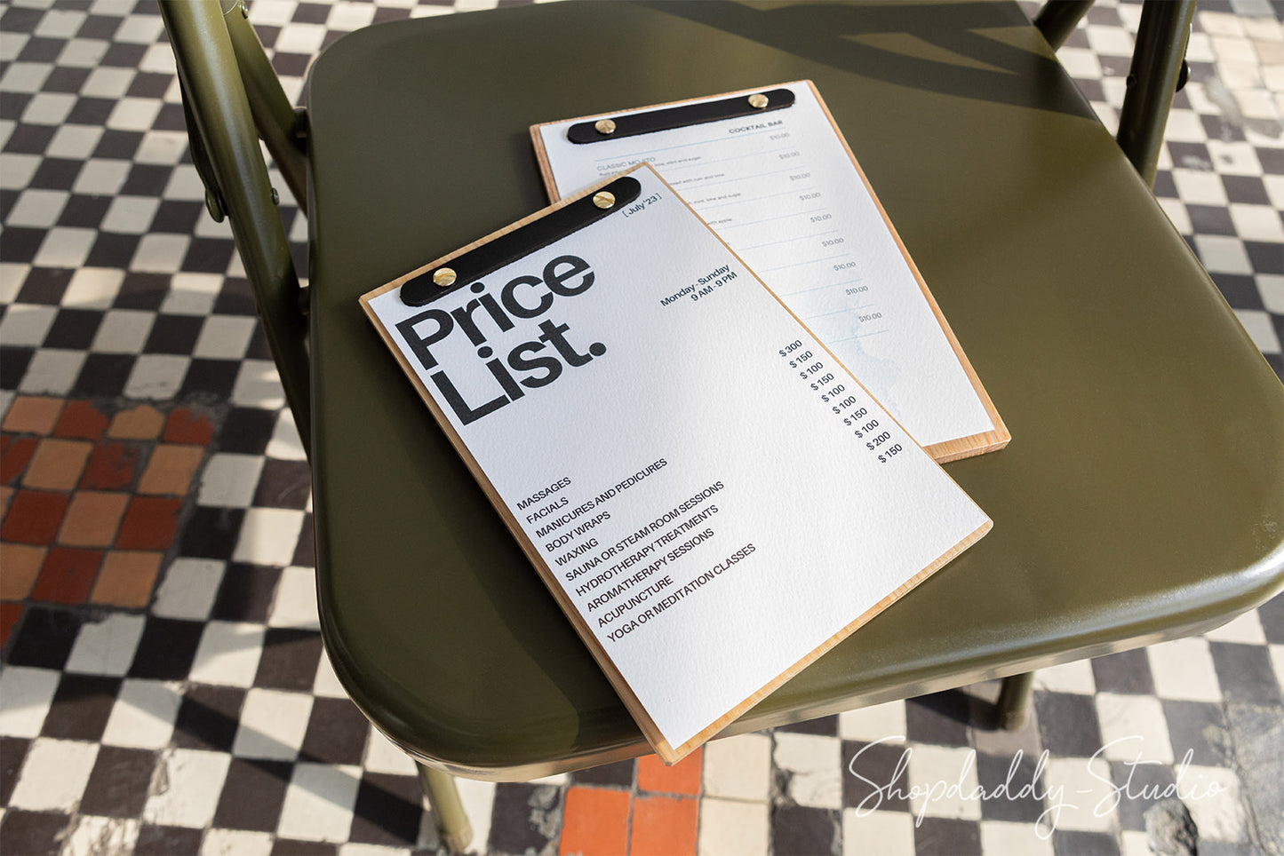 Wood Menu Holder With Rounded Leather Plank