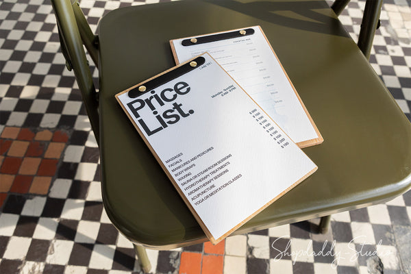 Wood Menu Holder With Rounded Leather Plank