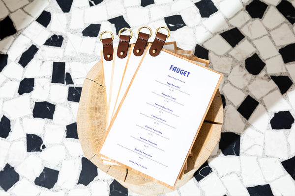 Wood Menu Holder with leather strap for cocktail menu