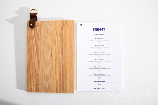 Wood Menu board with leather strap and metal ring
