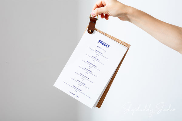 Wood Menu board with leather strap and metal ring for wine list
