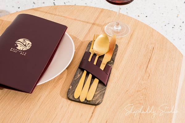 Wooden Cutlery Holder With Leather Strap