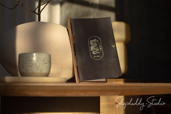 Wooden and Black Leather Menu Holder