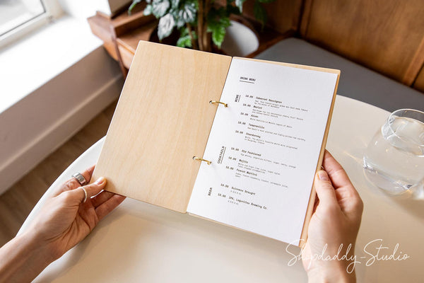 Elegant Matt Lacquer Plywood Menu Book with Golden Rings