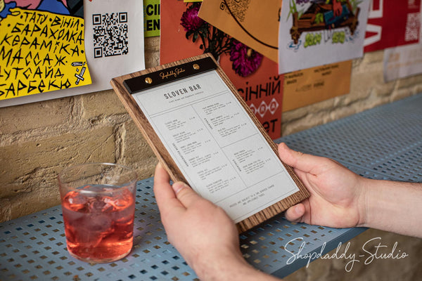 Custom Wooden Menu Holder With Leather Plank
