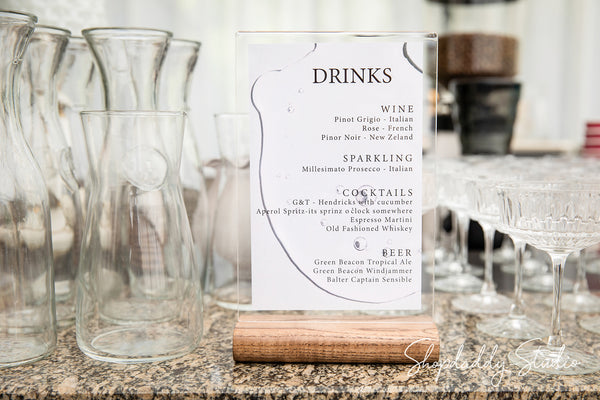 Acrylic Table Tent with Walnut Wooden Rounded Stand for wine list