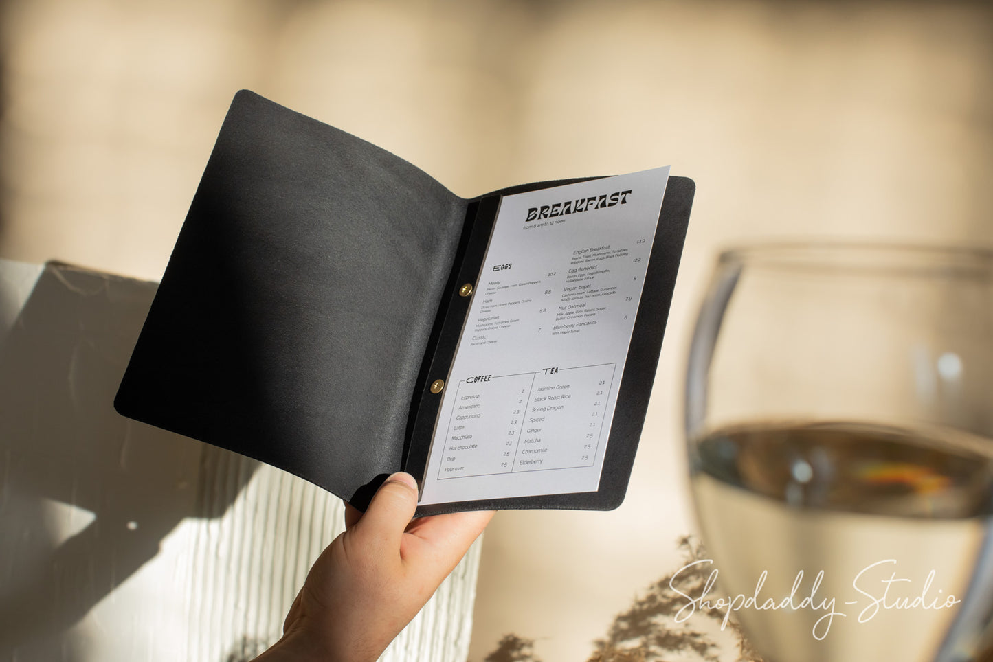 Black Thick Leather Menu Holder with Plank