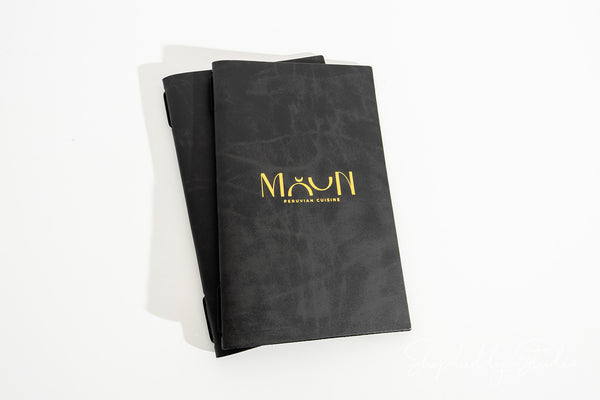 Recycled leather menu cover for upscale cafe branding