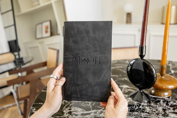 A4 size leather menu cover with elastic corner holders