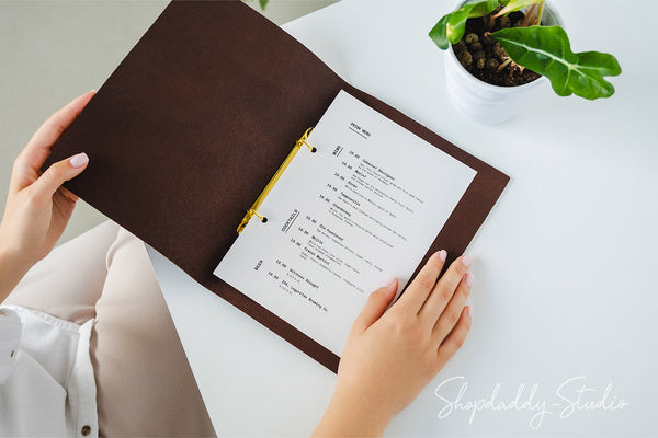 personalied leather menu holder with ring mechanism for cocktail menu