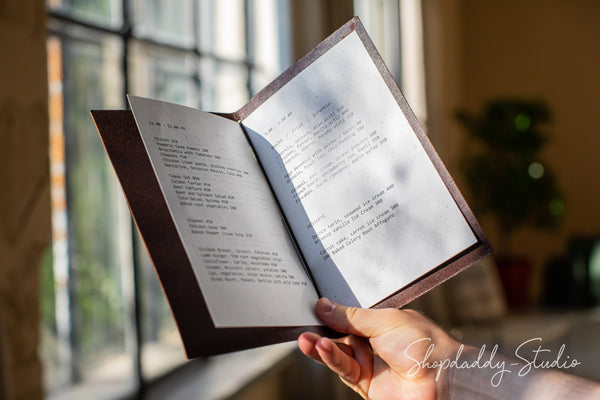 Brown Thick Leather Menu Cover with Brass Lable for wine list