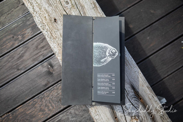 Green-Gray Double Leather Menu Cover with Elastic Band for breakfast menu