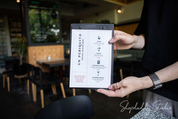 personalized leather Menu cover with caburn plank with logo