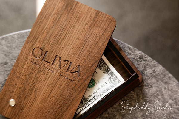 Wooden Bill Presenter Box with Rotating Lid