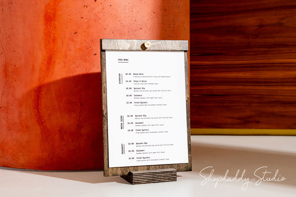 wood table tent for restaurant with logo