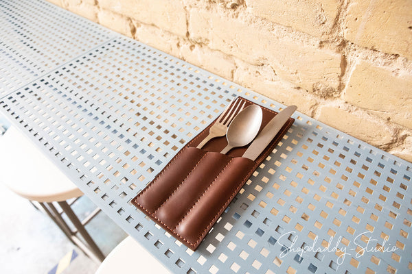 Custom Brown Cutlery Pouch with logo for cafe