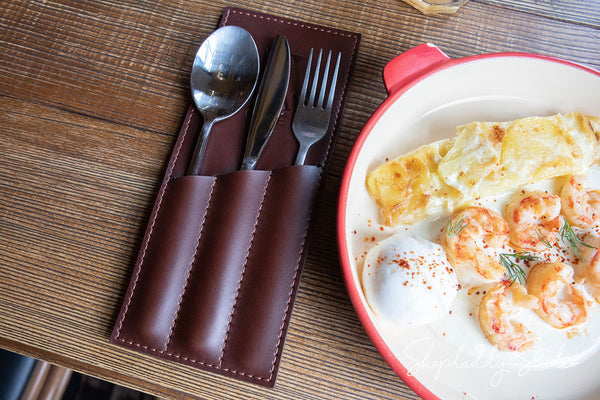 Stylish Brown Cutlery Pouch with logo for cafe