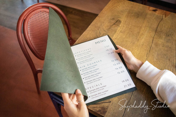 menu cover, menu holder, green menu cover, leather binder menu, cocktail menu, menu case, 85x55, a4, a5, 85x11, wine list menu, drink menu, whiskey bar menu, design menu covers, hard menu cover, restaurant menu, Shop-Daddy Studio