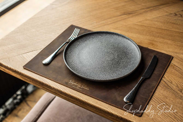 Rusty Leather Table Dining Placemat with logo