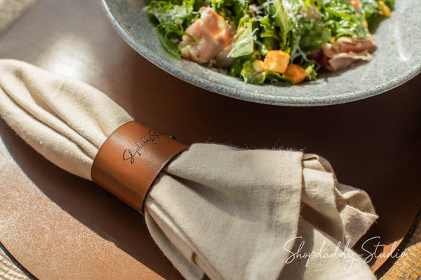Personalized Brown Leather Napkin Ring, set of 20