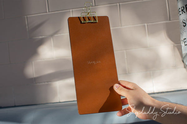 Stylish Leather and Wood Menu Board with Golden Binder