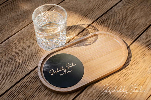 Wooden Tray with Leather Coaster for Coffee