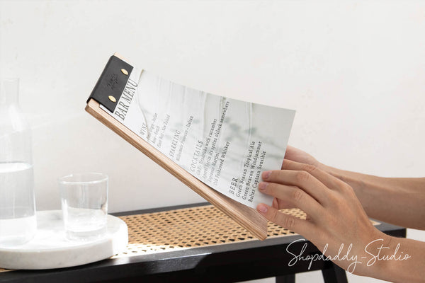 Wood Menu Holder With Leather Binding
