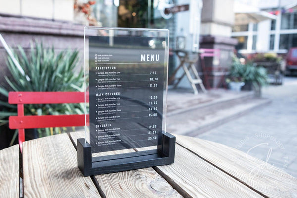 contactless Black Wooden/Acrylic Table Menu Stand