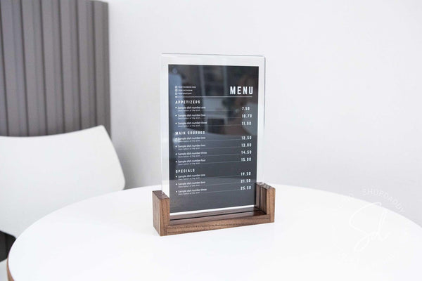 Modern Walnut Wooden/Acrylic Table Top Menu Stand