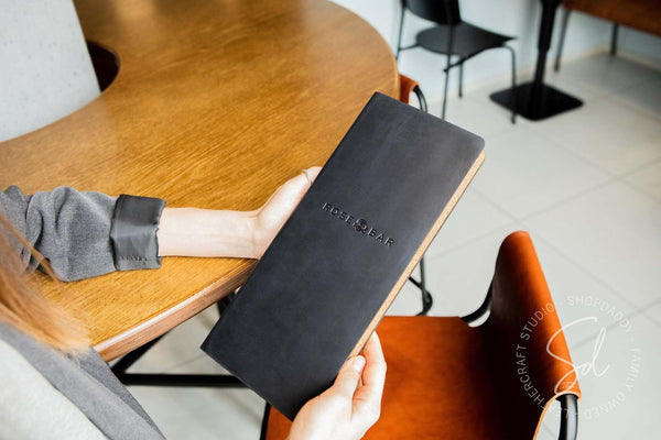 Black Leather Menu Folder with Cork for wine menu