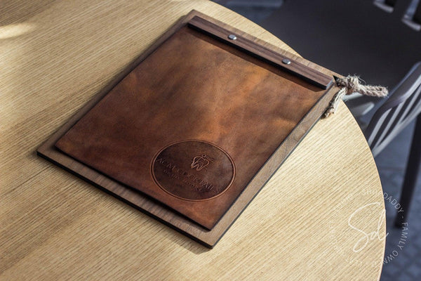 restaurant wooden Walnut Menu Board Leather Cover & Rope