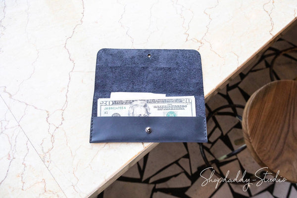 blue leather bill holder for restaurant