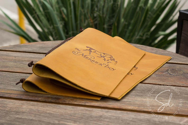restaurant Leather Menu Cover with Leather Lace and logo