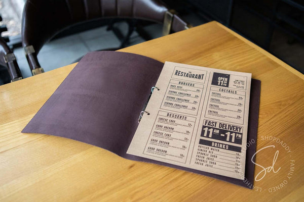 restaurant Dark Brown Thick Leather Menu Cover with Steel Rings