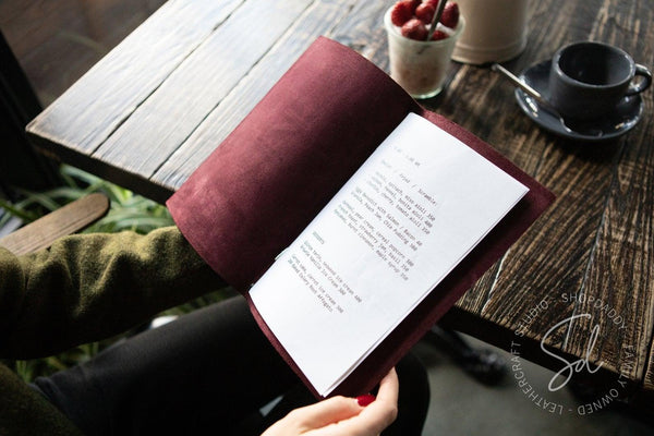 cafe Purple Leather Menu Cover with Elastic Band