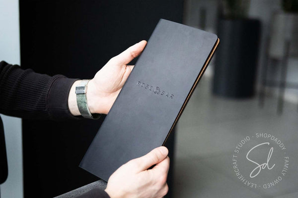 Black Leather Menu Folder with Cork for drinks