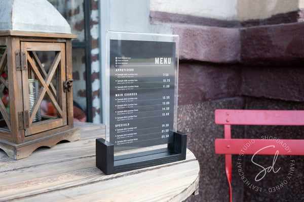 Black Wooden/Acrylic Table Menu Stand touch free for guests