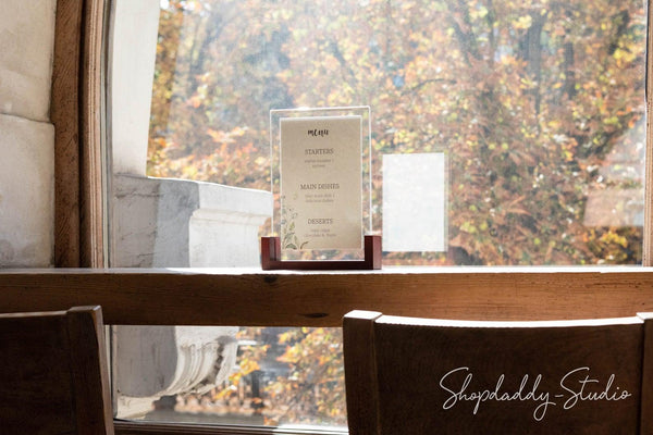 Mahogany Wooden/Acrylic Table Menu Stand for restaurant