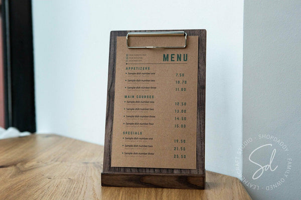 touchless Walnut Angled Wooden Table Stand with Metal Clip