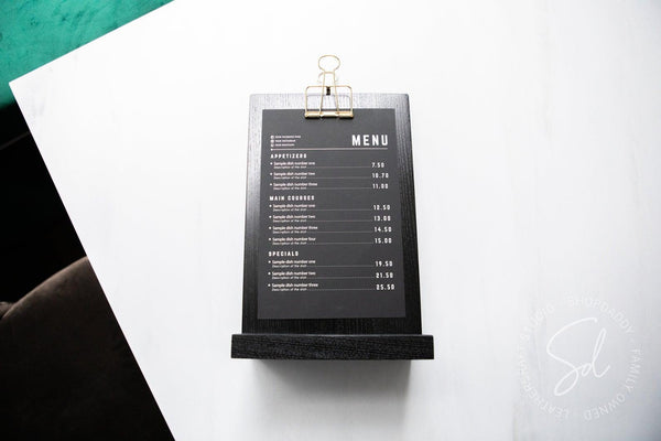 Black Straight Wooden Table Top Stand with Golden Binder for restaurant